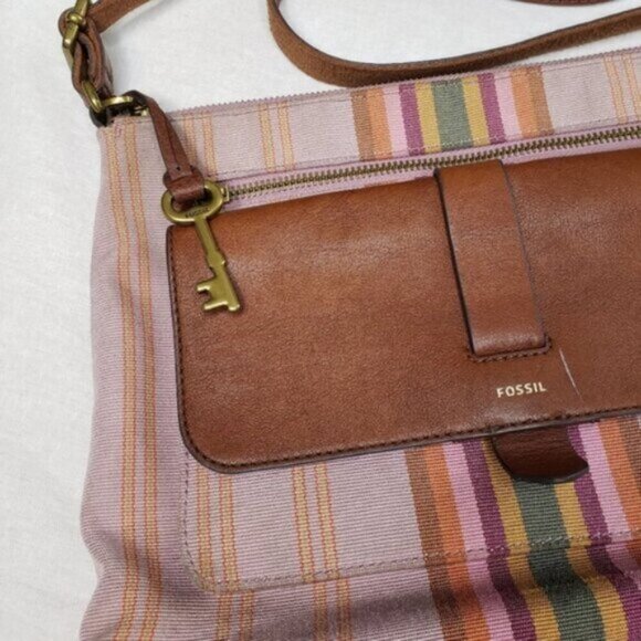 Fossil Kinley Crossbody Bag Cotton Leather Multicolor Stripes Key Charm - Picture 6 of 16